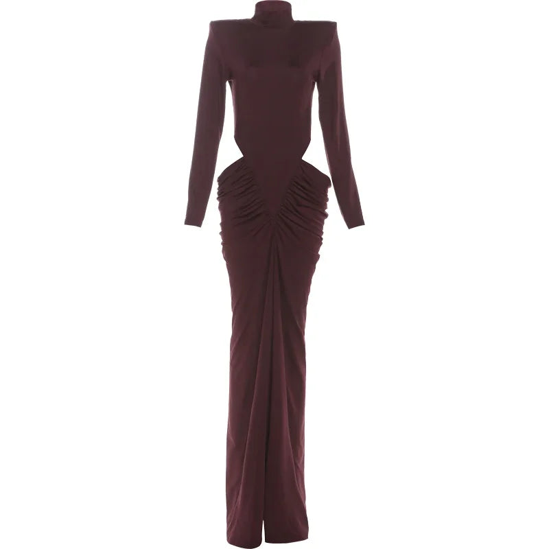 SiSterlinda Ruched Waistless Maxi Dress Women Sexy Shoulder Padded Patchwork Turtleneck Elegant Stretch Skinny Evening Bodycon