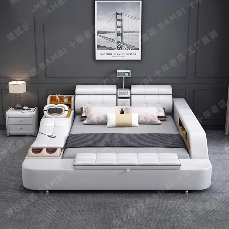 Beauty European Bed Simple Tatami Portable Multifunctional Children Mobile Bed Leather Double Wood Muebles Modern Furniture