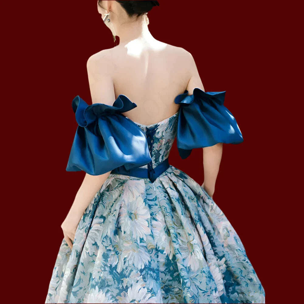Luxury Flora Print Blue Korean Prom Dresses Removable Puff Sleeves Strapless A Line Evening Gowns Formal Occasion Floor Length