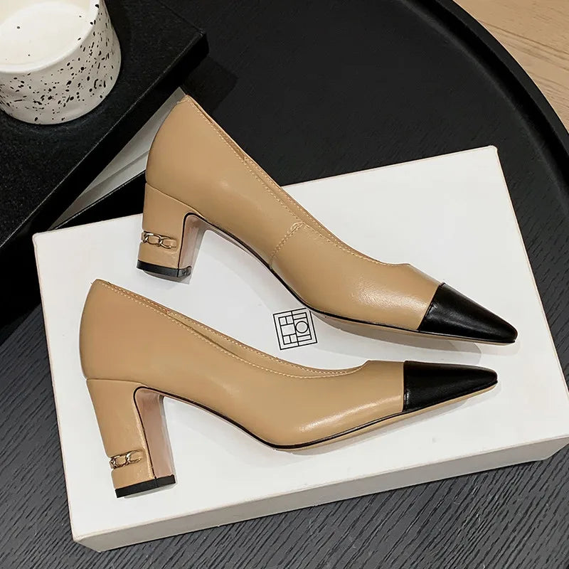 MKKHOU Fashion Shoes New High Quality Genuine Leather Shoes Color blocked Round Head Shallow Mouth High Heels Women's Shoes - Kimlud