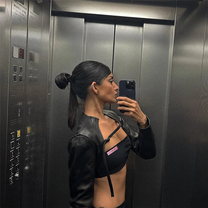 BOOFEENAA Crop PU Leather Jacket Women with Tube Top Two Piece Set Streetwear Fashion Black Coats Winter Clothes C71-CH22