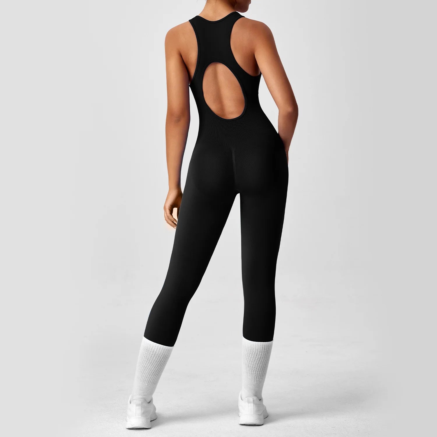 Seamless Peach Booty One-Piece Yoga Bodysuit - V-Back Tummy Control Gym Outfit for Women - Sexy Workout Jumpsuit Fitness Bodycon