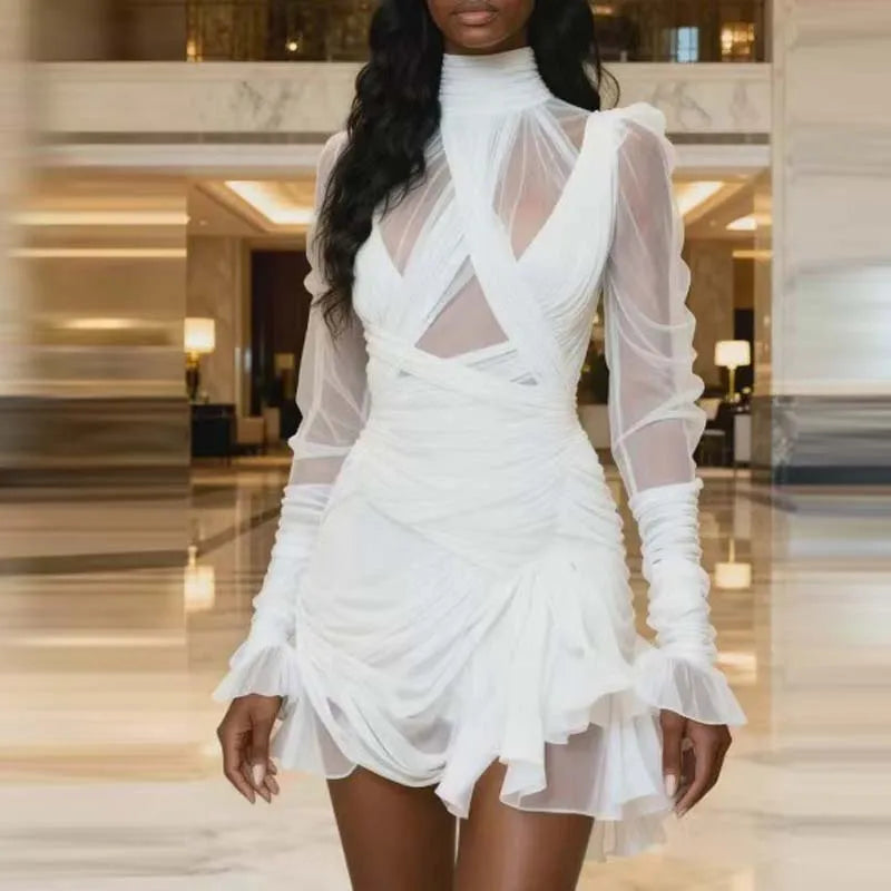 Fashion High Collar Draped Ruffle Mini Dress Elegant Hight Waist Solid Color Short Dress Casual Long Sleeve Women's Party Dress