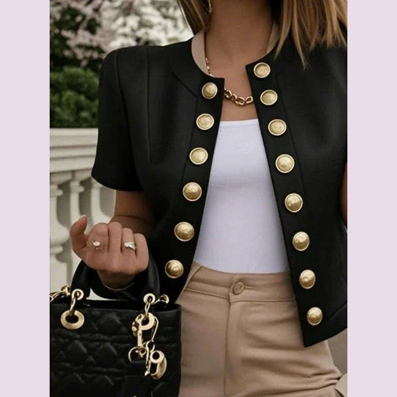 Krisstargirls 2025 Urban Women jacket Summer Buttoned Short Sleeves Outerwear Office Ladies O-neck Formal Top for Woman Clothing