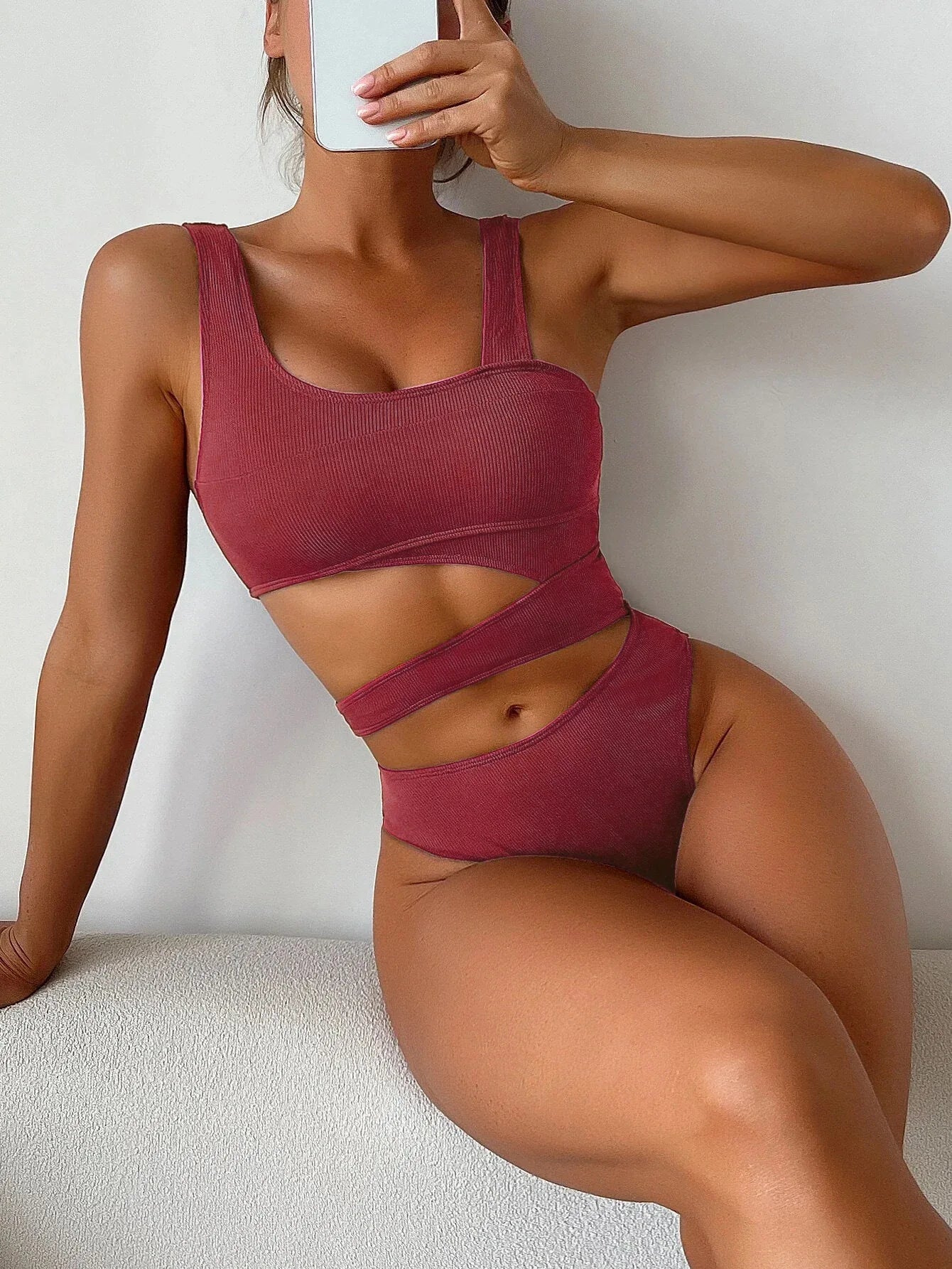 Sexy One Piece Swimsuit Women One Shoulder Hollow Out High Waist Bikini 2024 Summer Rib Backless Bathing Suit Swimwear Monokini