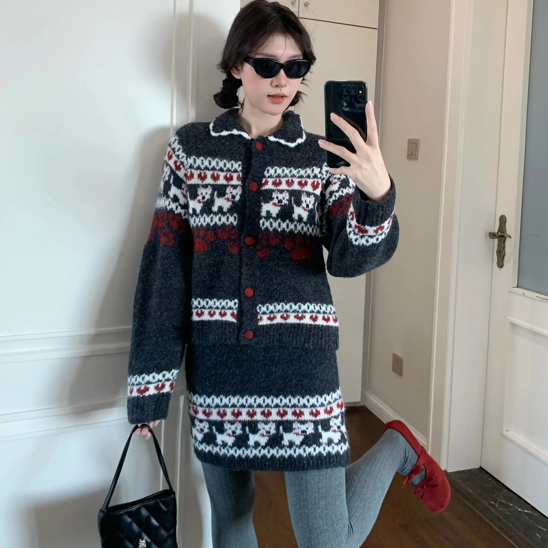 Knitted Suit Women 2025 Fashion Vintage Sping Autumn Cardigan Sweater Coat Short Skirt Ladies Two Piece Set Outfits