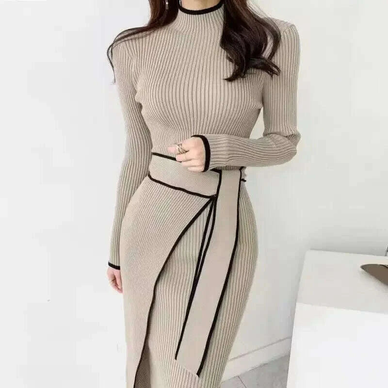 New Retro Knitted Bodycon Dress Women Korean Fashion Autumn Winter Half High Collar Lace Up Elegant Sweater Dresses Vestidos