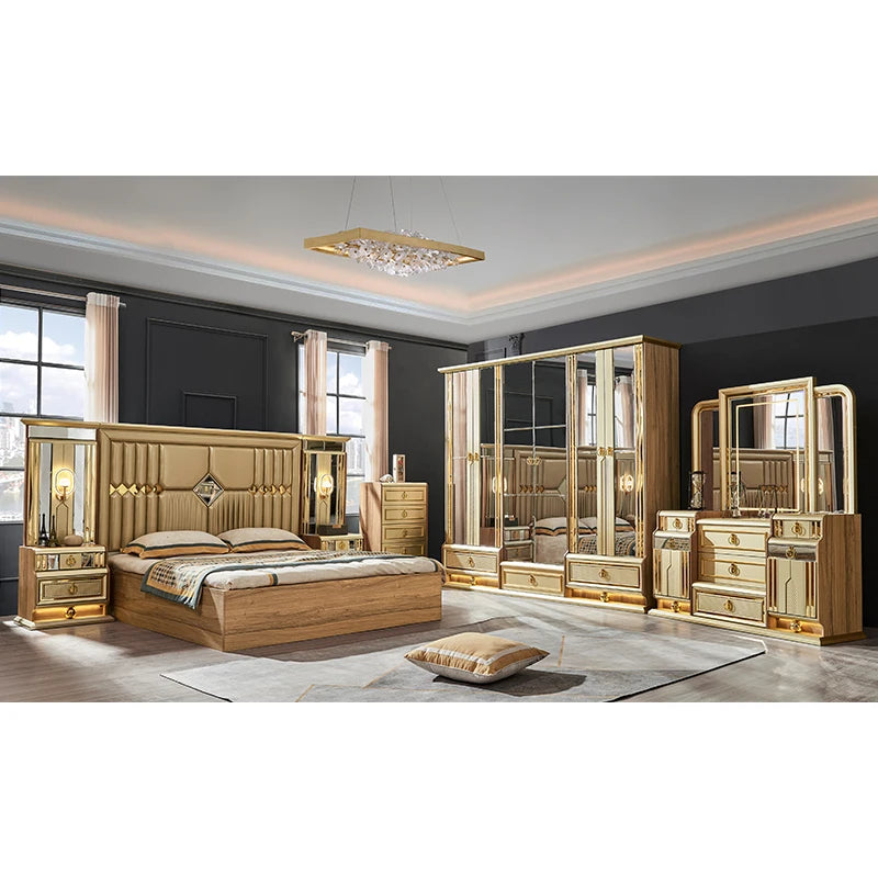 A Luxury Gold Royal Wood King Size Bed Set Villa Master Room Modern Wooden Full Queen Mdf Home Furniture Bedroom Sets