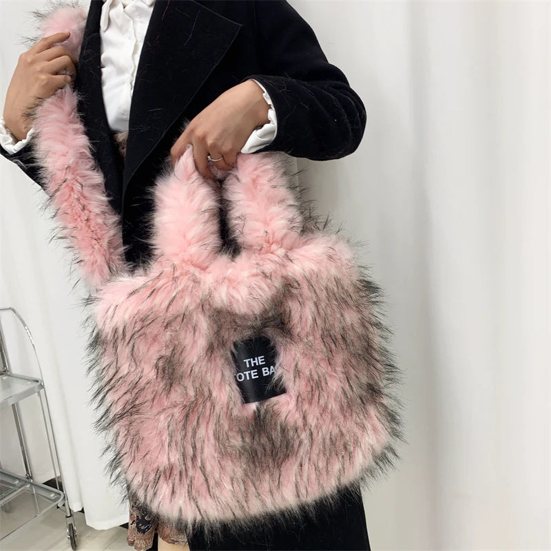 Luxury Designer The Tote Bags for Women Furry Leather Branded Fur Shoulder Bags Female Large Crossbody Handbags