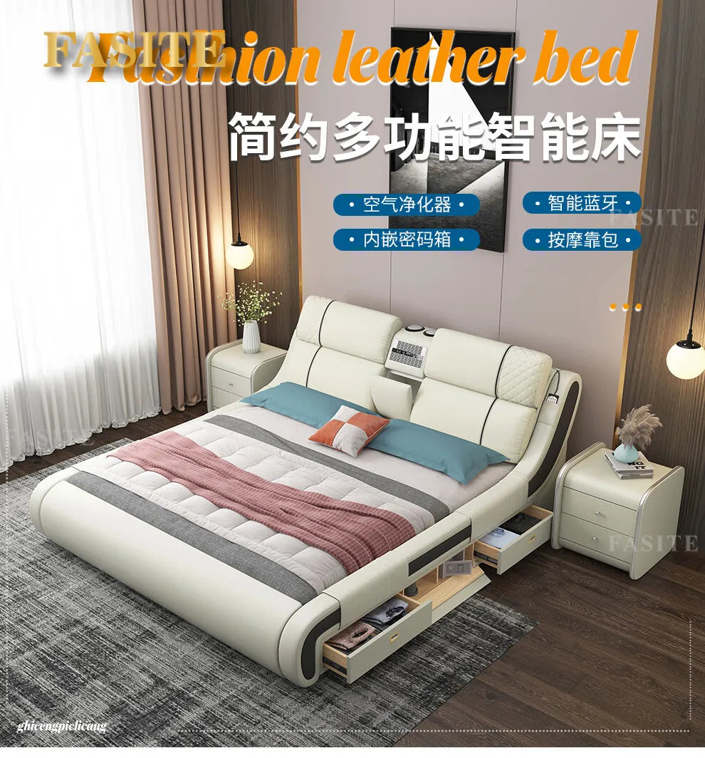 Modern Simple Massage Bed Luxury Water Proof Design Bedframe Double Bed Smart White Nordic Furniture | Kimlud Luxury Bed