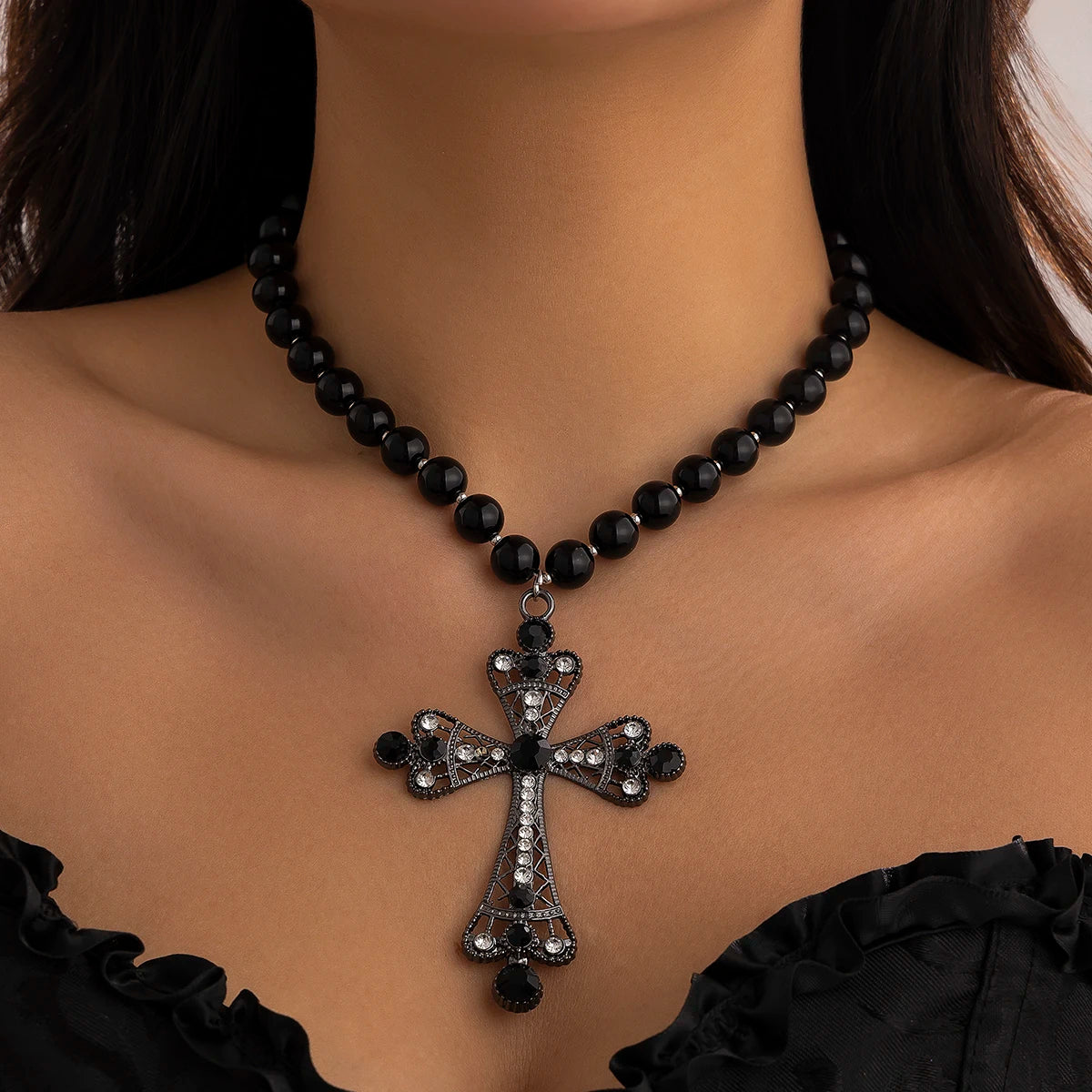 IngeSight.Z Trendy Goth Large Cross Pendant Necklace Elegant Charming Imitation Pearl Woman Choker Y2K Neck Jewelry Accessories