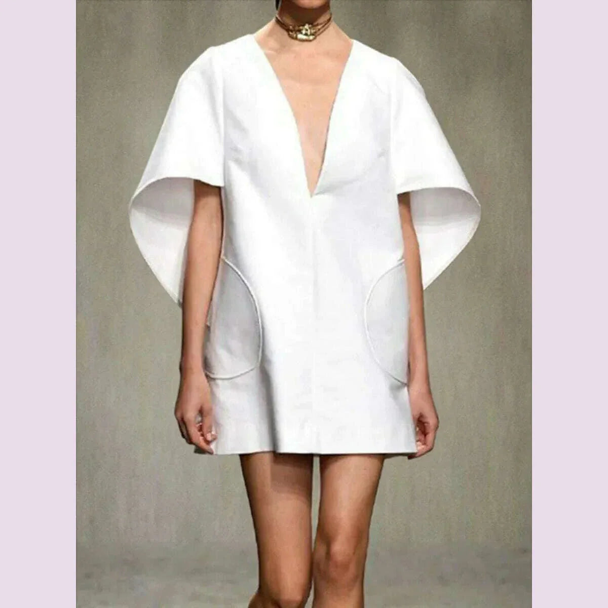 Yeezzi Fashion Black White Color Short Dress For Women 2024 New Spring Deep V-neck Half Sleeves Loose Prom Party Mini Dresses