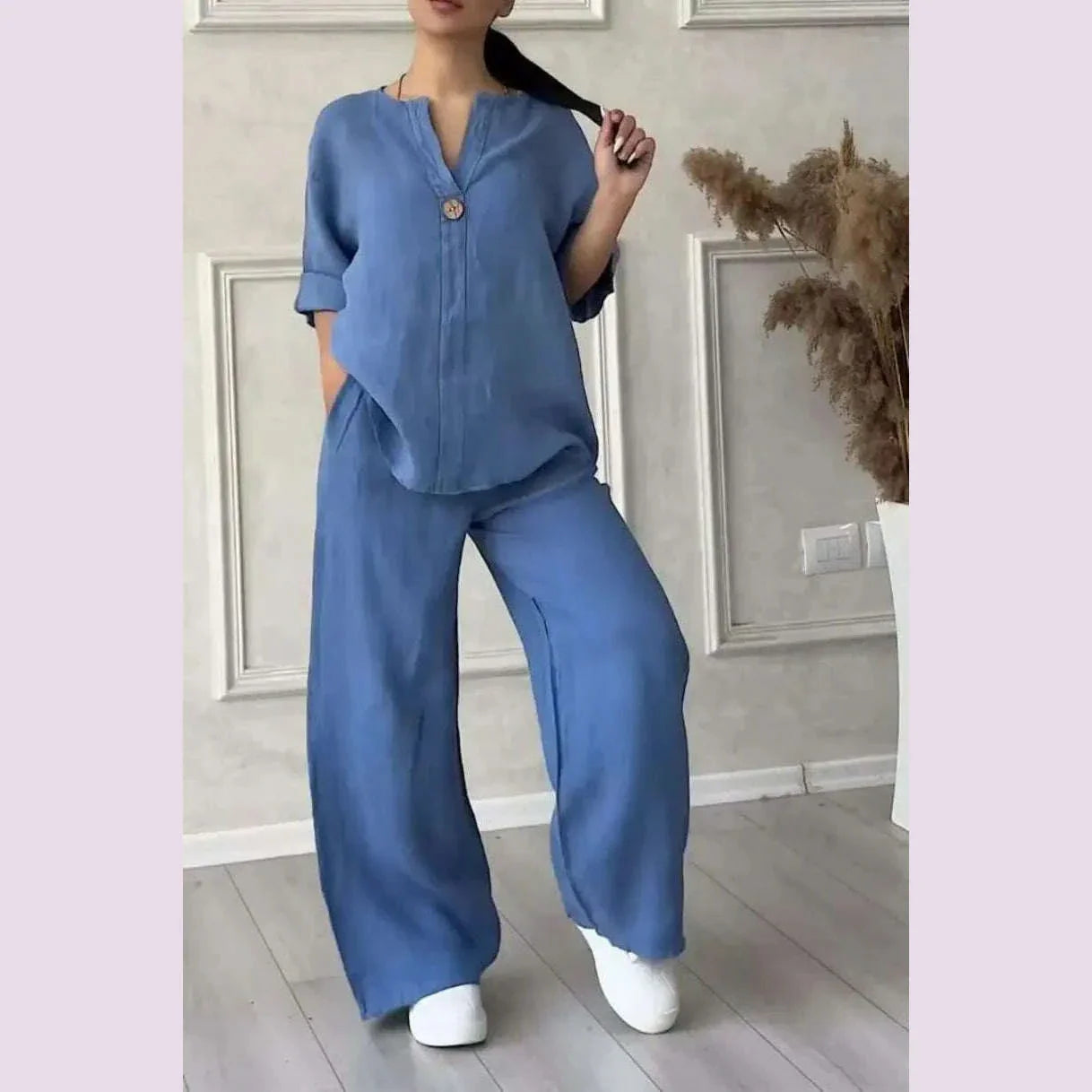 Women's Cotton and Linen Pants Suit Casual Solid Pullover Pants 2-piece Set White Pink Simple Wide Leg Pants Two Piece Set Suits