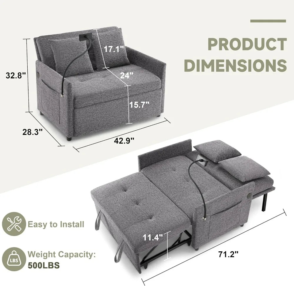 3-in-1 Convertible Sleeper Sofa Bed with USB/Type-C Ports, Adjustable Backrest, Dark Grey - Kimlud