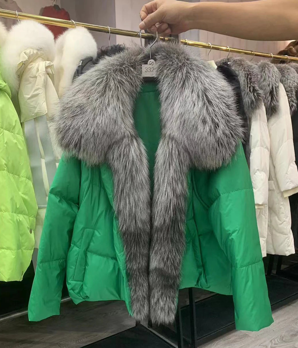 New Fashion Outerwear Puffer Jacket 2024 Women Coat White Duck Down Jacket Super Large Real Silver Fox Fur Collar Hooded
