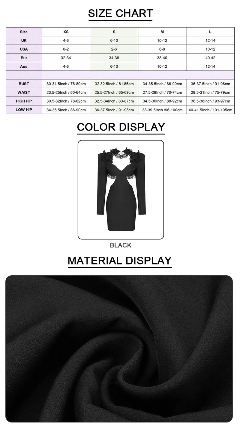 VC Elegant Dresses For Women Dinner Party Wear Long Sleeve Waist Cut Out Patchwork Lace Black V Neck Mini Dress Gown