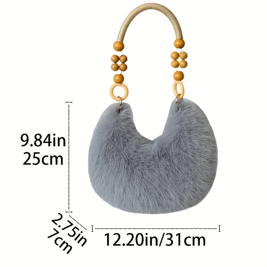 Women's Faux Handbag, Plush Faux Tote Purse with Bead Accented Strap, Zipper Closure Elegant Handbags Shoulder Bags for Everyday