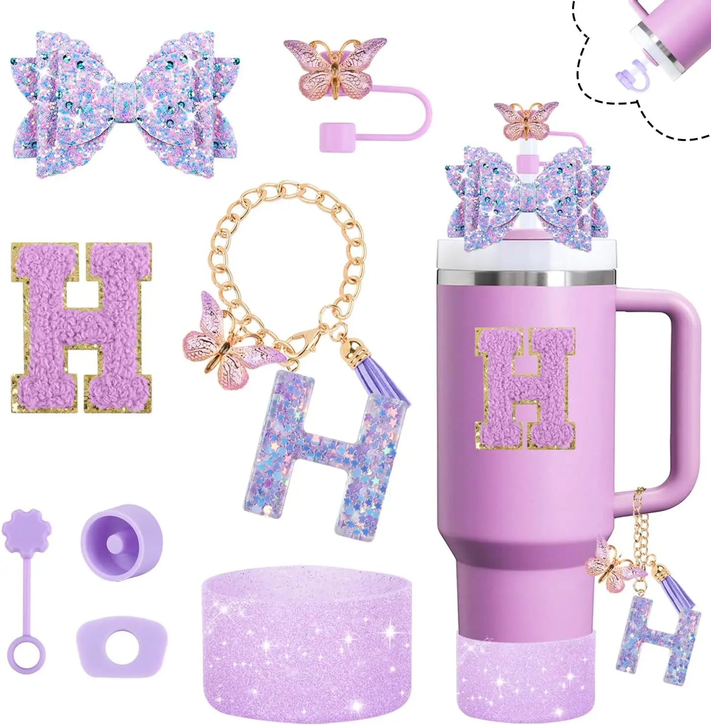 8pcs Cup Accessories Set 30oz 40oz tumbler Straw Topper Cover, Boot, Spill Proof Stoppers, Handle Charms Sticker for Stanley Cup