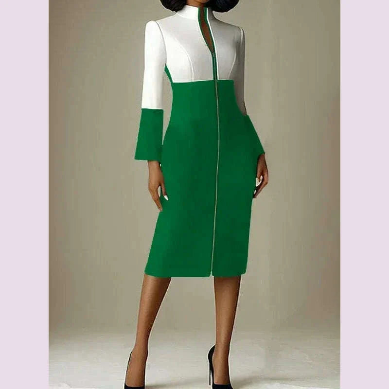 Krisstar 2025 New Women's Bodycon Dresses Contrast Color V-neck with Zipper Long Sleeves Formal Occasion Office Midi Dresses