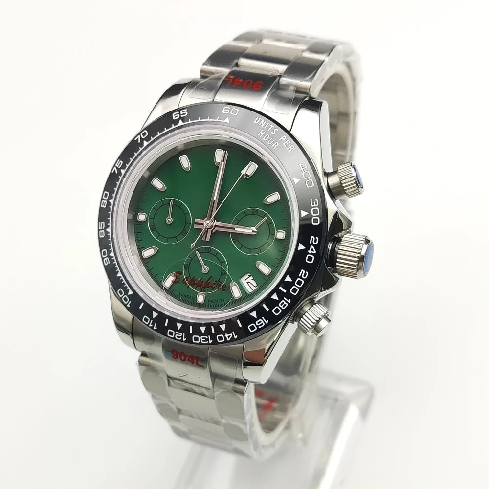 20 color Business 39mm Quartz Watch Men's Timing Sapphire Crystal VK63 Movement Calendar Luminous Blue Dial Stainless Steel Stra