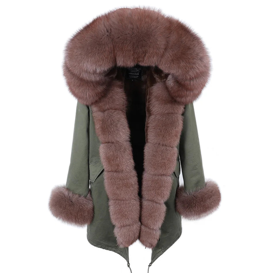MAOMAOKONG 2024 Winter Women Coat Natural Fox Fur Collar Cuff Black Jackets Outwear Thick Luxury Real Fur Parka Women's Fur Coat