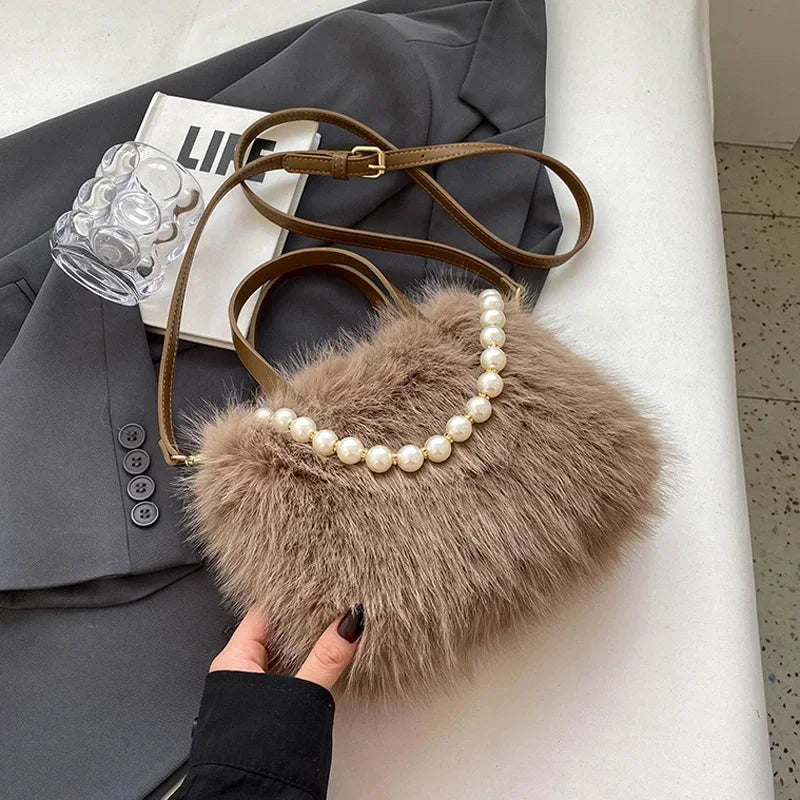 Winter Fashion Faux Fur Crossbody Bags for Women's Gift, Pearl Chain Decor Shoulder Bag, Ladies Handbags Top-handel Bag