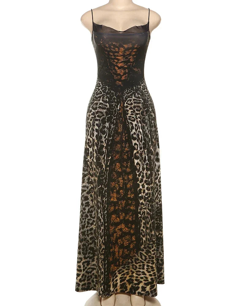 Maxi Dress Women Leopard Panelled Draped Backless Lace Up Sheath Long Robe Female Classic Party Club Vestidos
