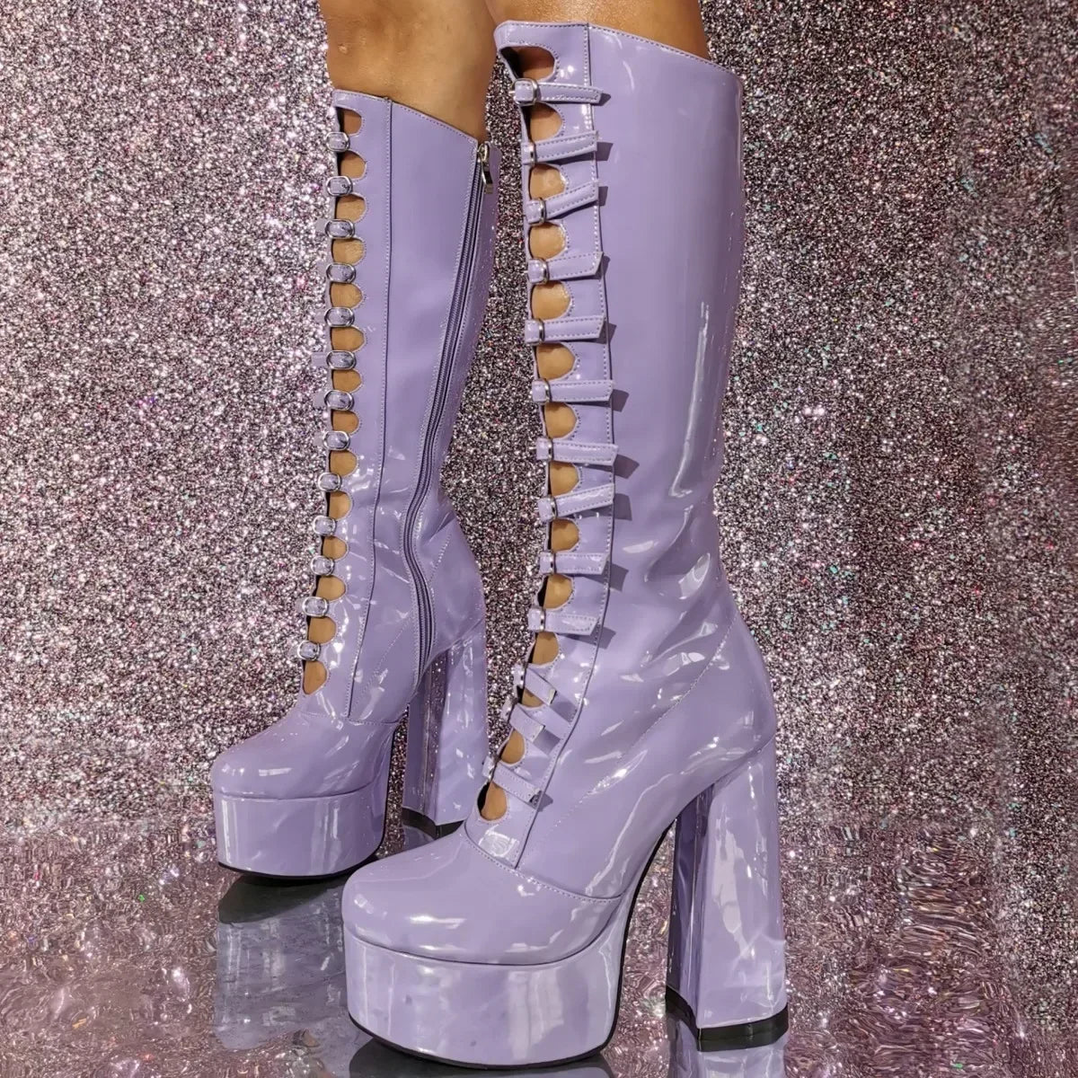 European and American High-heeled Sexy Belt Buckle Knee High Mary Jane Boots Women's Fashionable Thick Soled Banquet Shoes - Kimlud