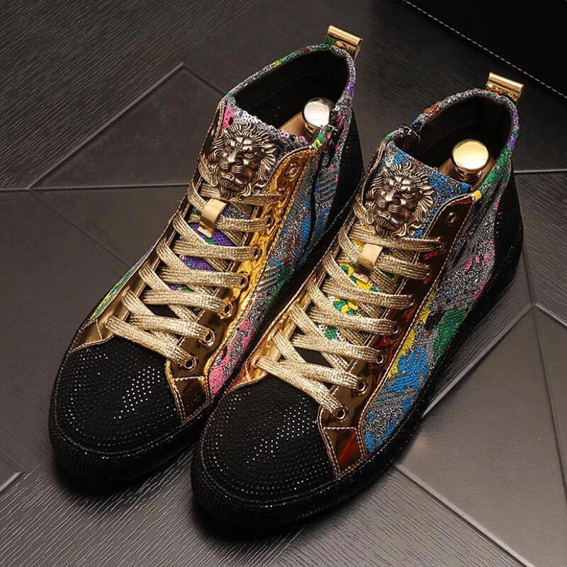 European fashion rhinestone sequin men's high top new network red shoes Korean version breathable high top board shoes - Kimlud