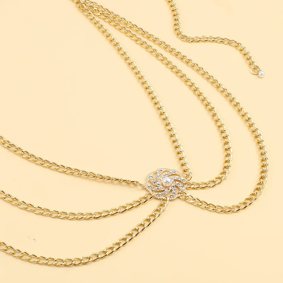 versatile multi-layer disc inlaid with diamond pearl waist chain new style tunic decorative metal belt for women - Kimlud