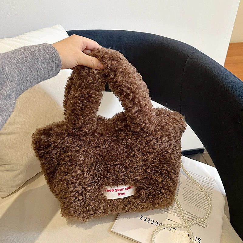 Korean Style Winter Bag Soft Fluffy Handbag Women's Bag Khaki Plush Crossbody Bag Versatile Bolsas Feminina Warm Lamb Wool Totes