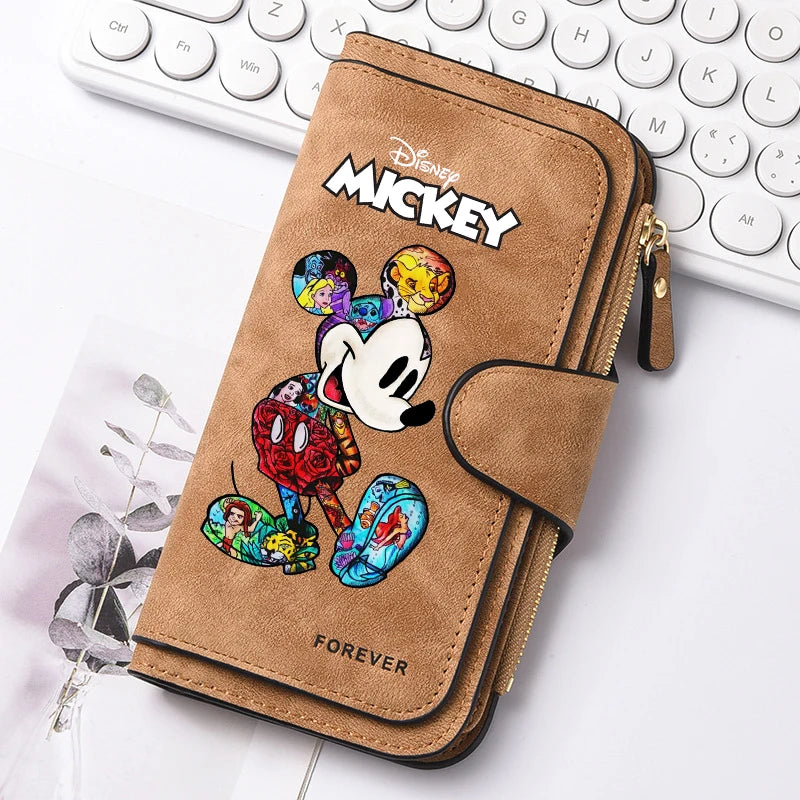 Mickey Minnie Lady Long Zip Wallet Buckle Tote Bag Coin Purse Soft PU Leather Multi-functional Card Holder Casual Daily