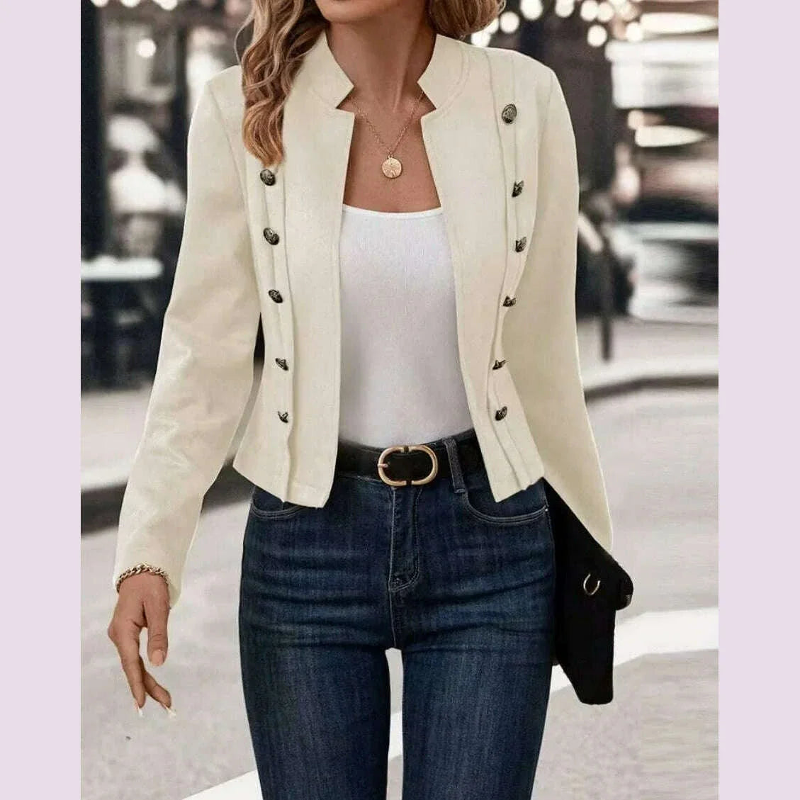 Spring Auutmn Jacket Blazer Coat Double-breasted Stand Collar Buttons Slim Long Sleeves Retro Cardigan Women Outdoor Suit Jacket