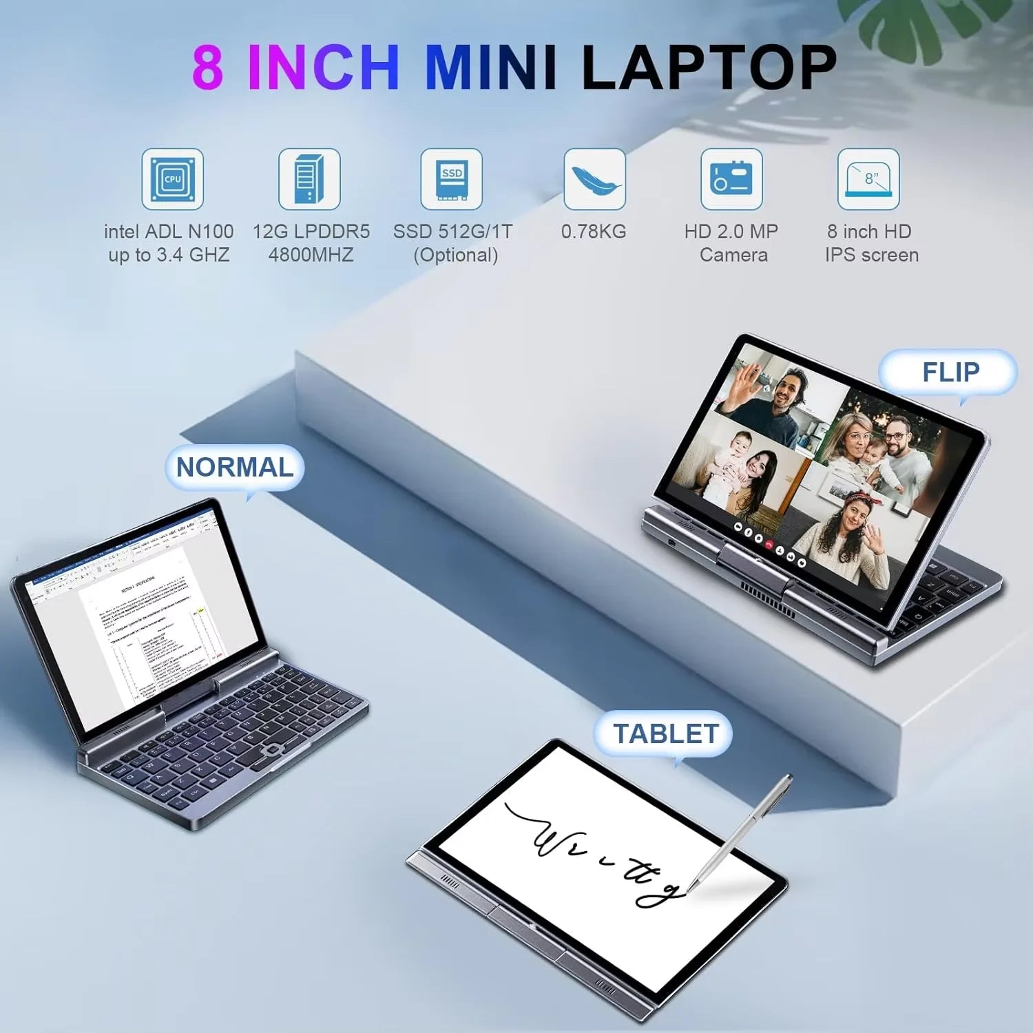 Portable Mini Laptop windows OS 8 Inch Touch Screen Notebook N150 12GB+1TB IPS Small Notebook Portable PC Micro Computer - Kimlud