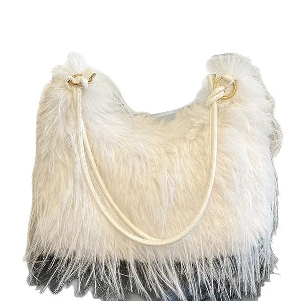 Trendy Large Capacity Plush Tote Bag Women's Crossbody Commuter Armpit Bag Street Style Fashion Soft Synthetic Leather Interior