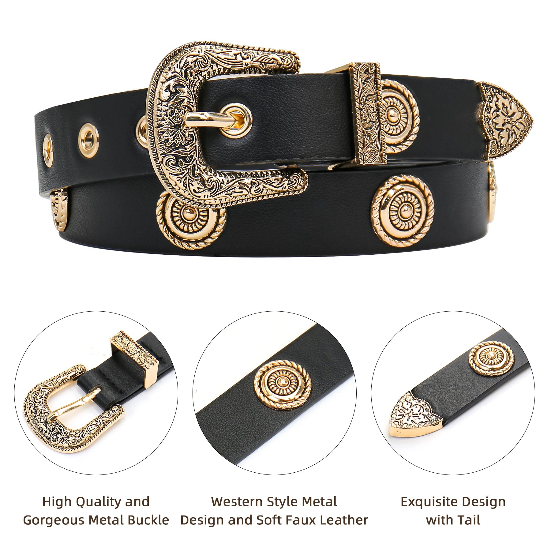 Women Studded Faux Leather Belt Fashion Western Punk for Womens Belts for Dresses Pants Jeans