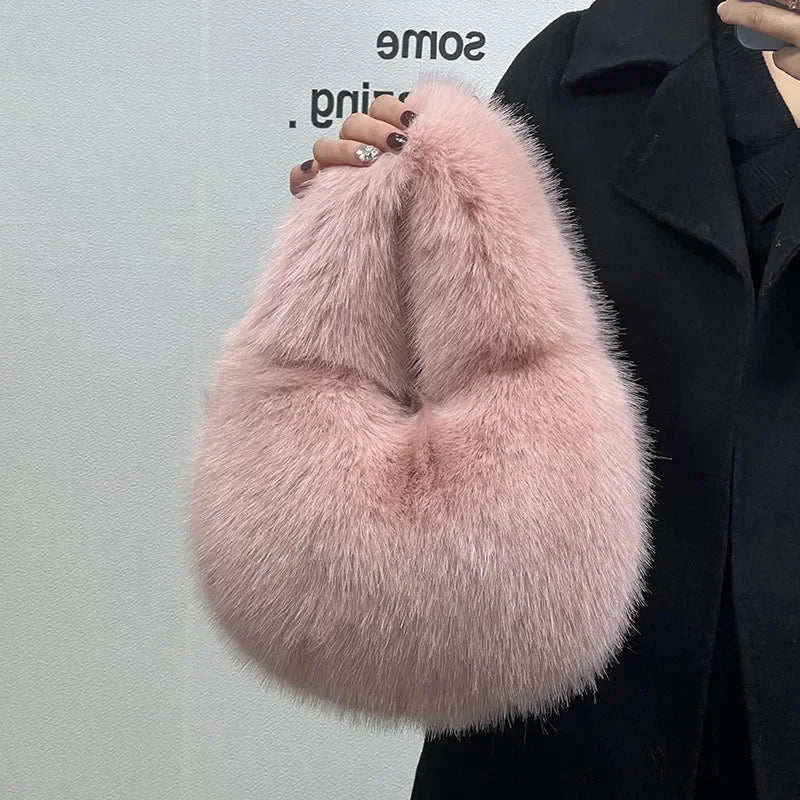 Soft Plush Women's Small Handbags Simple Faux Fur Female Fluffy Clutch Purse Winter Fashion Furry Tote Solid Color Shoulder Bags