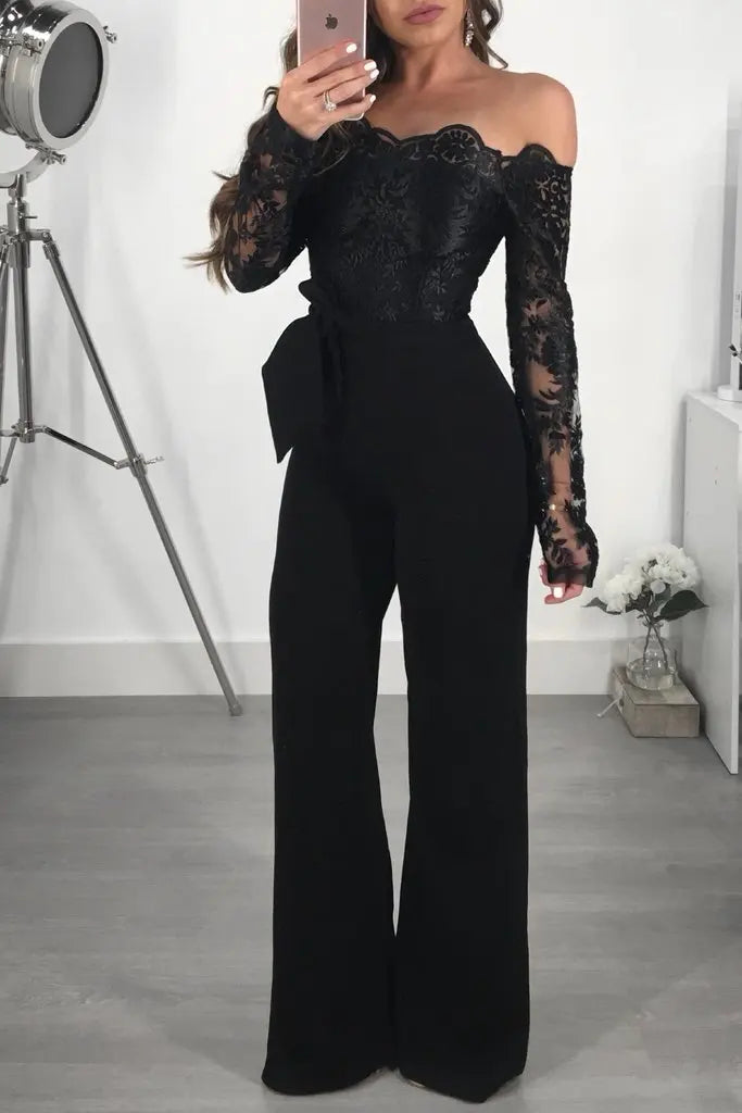 Elegant Lace Stitching Jumpsuit 2025 Summer Wide Leg Pants Romper Women Casual Office Playsuit Holiday Communting Overalls Mujer