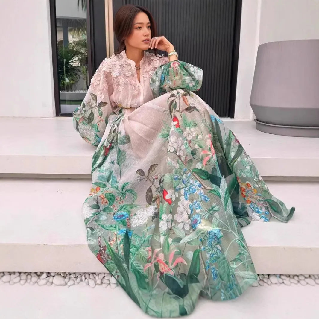 Heavy Embellied Floral Print Maxi Dr Court Sle Lantern Sve Midi Waist Spring Autumn Ladies Holiday Dr