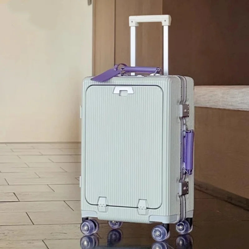 Front Opening Suitcase Aluminum Frame 20" Carry-on Trolley Case Bag with Colorful Silent Wheel USB Charging Plug Rolling Luggage - Kimlud