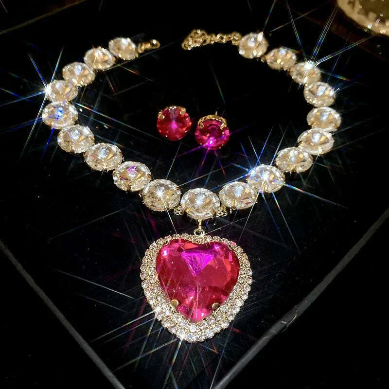 2 Pcs Rhinestone Heart Pendant Necklace Set Exaggerated Geometric Earring Light Luxury Temperament Fashion Women's Jewelry Sets