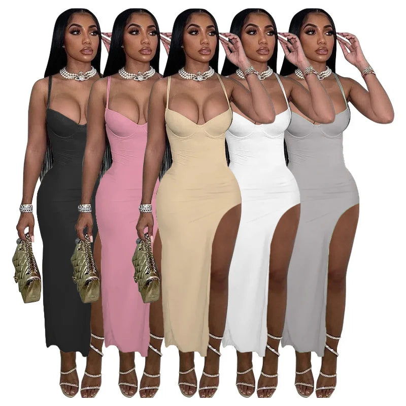 Sexy Spaghetti Strap High Split Party Dress Women Night Sleeveless Backless Slim Bodycon Maxi Dress Elegant Birthday Prom Dress