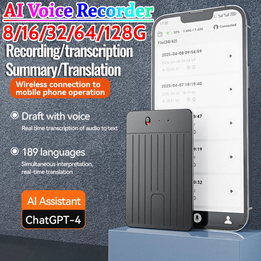 ChatGPT-4 AI Voice Recorder LED Indicator AI Notetaking Device 500mAh Intelligent Note Voice Recorder for International Exchange