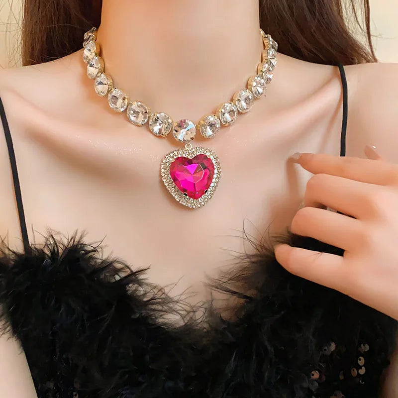 Rose Red Heart Crystal Earring Necklace Set Fashion Exaggerated Collarbone Chain Luxury Jewelry