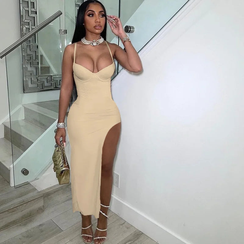 Sexy Spaghetti Strap High Split Party Dress Women Night Sleeveless Backless Slim Bodycon Maxi Dress Elegant Birthday Prom Dress