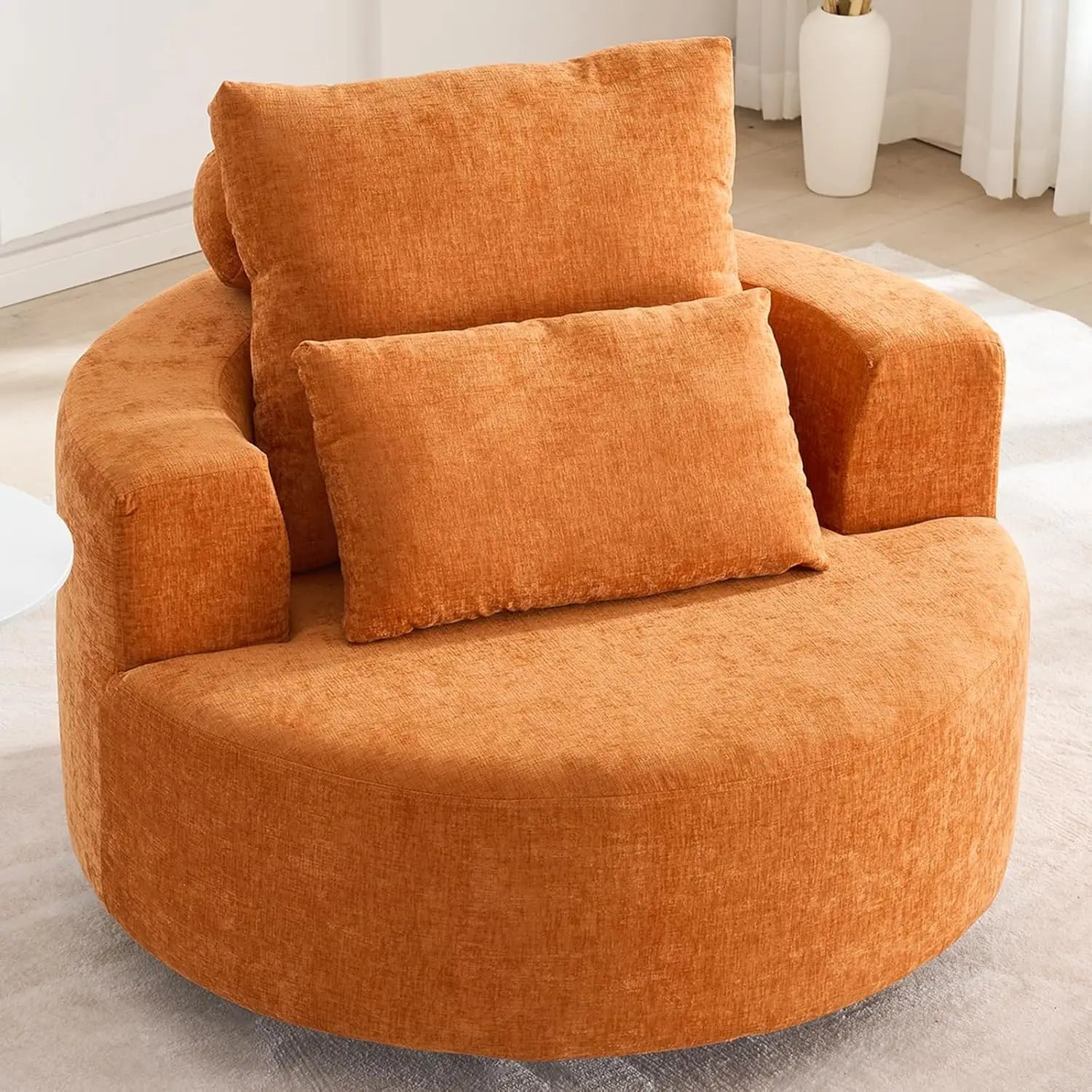 Furnimart Oversized Barrel Accent Chair, 360° Swivel Round Upholstered Sofa, Chenille High-Resilience Sponge, No Assembly Wide S