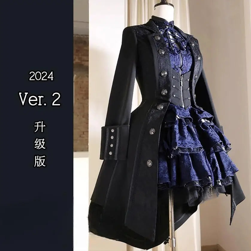 British Style Retro Dark Goth Handsome Black Trench Coat Women Girls Lolita Fake Two Vest White Coats Jacket Y2k Cosplay Clothes
