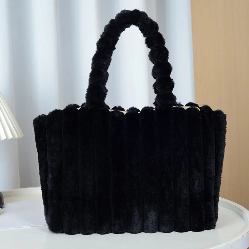 Autumn Winter Soft Plush Totes Bags, Stylish College Student Women Handbag Shoulder Bag with Leather Material Polyester Lining