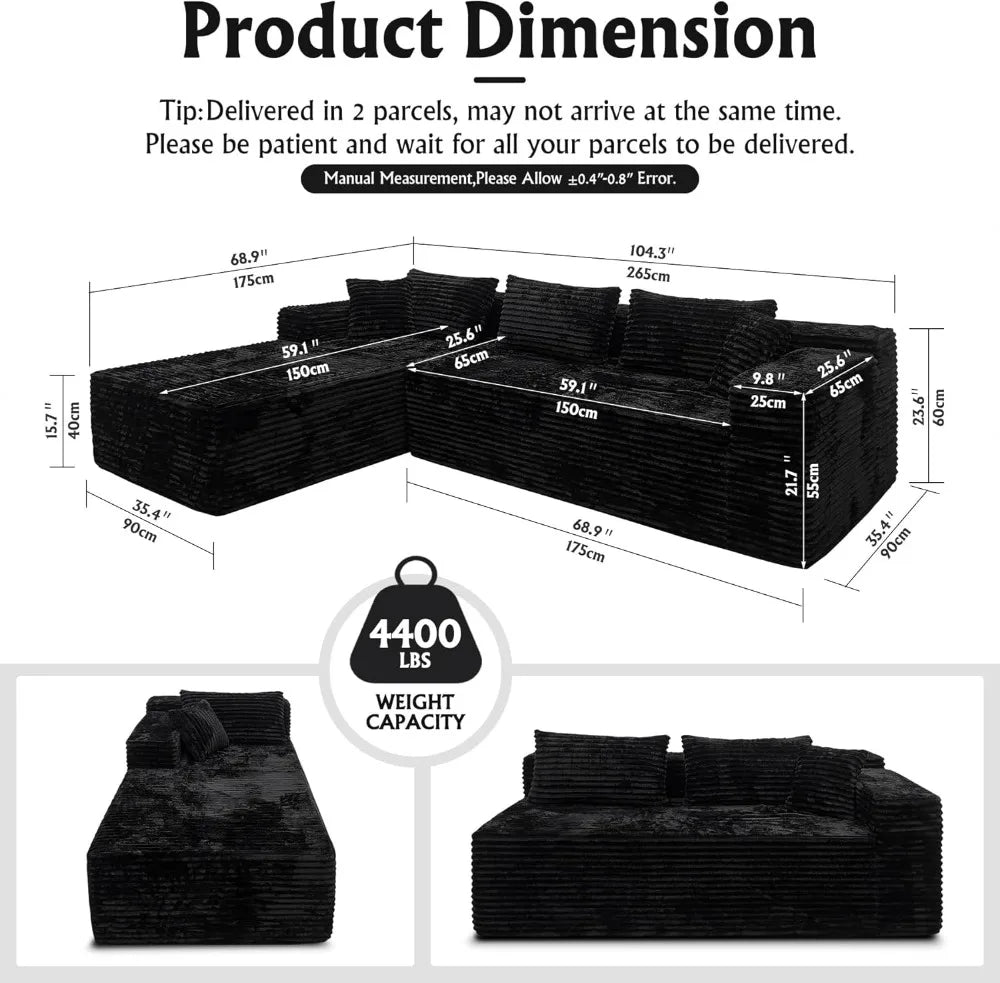 Modular Sectional Sofa with Chaise, Oversized Deep Seat Cloud Couch, Soft Corduroy Fabric L-Shaped Living Room Furniture...