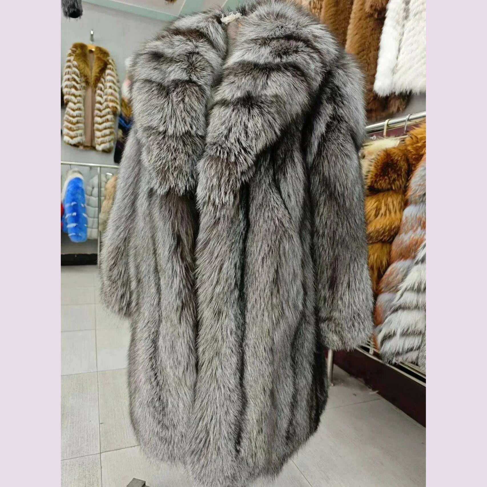 Women's Luxury Long Fox Fur Coat Real Fox Fur Jacket Winter Outerwear Silver Fox Fur Coat